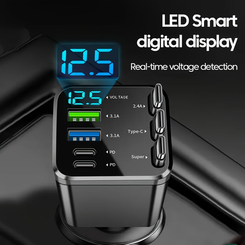 7-in-1 Car Fast Charger with 3 Retractable Cables LED Digital Display 180° Adjustable Universal Plug - Multi-Port Car Phone Charger for iPhone Android USB-C