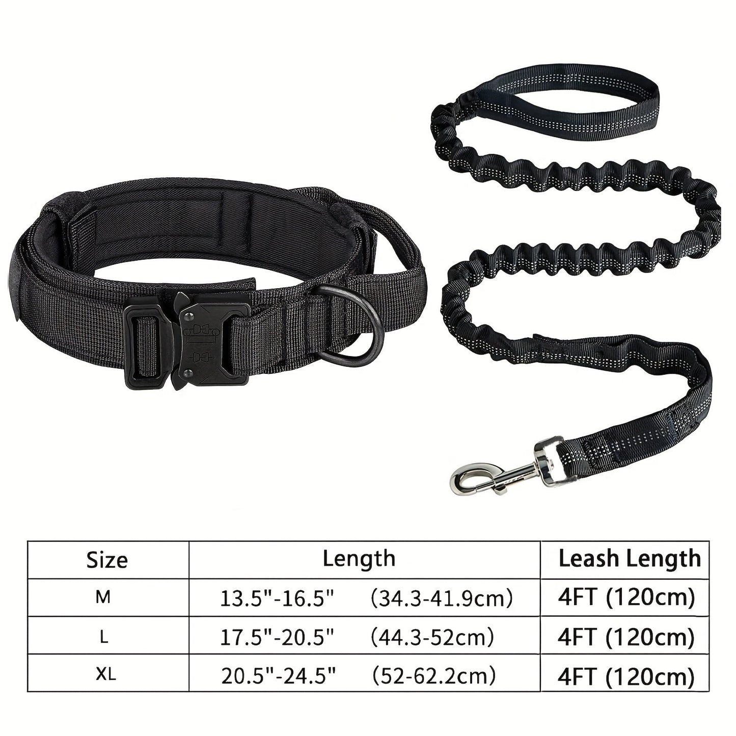 Tactical Dog Collar & Leash Set – Heavy-Duty Adjustable Polyester with Metal Buckle & D-Ring for All Dog Sizes, Military-Style Training Collar and Leash in Black & Khaki, Sizes M & L