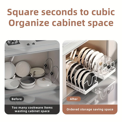Pull Out Pot & Pan Organizer Rack for Under Cabinet – Slide Out Lid Holder with 8 Adjustable Compartments, Drill-Free Install, Kitchen Cabinet Cookware & Baking Sheet Organizer – 1pc or 2pcs