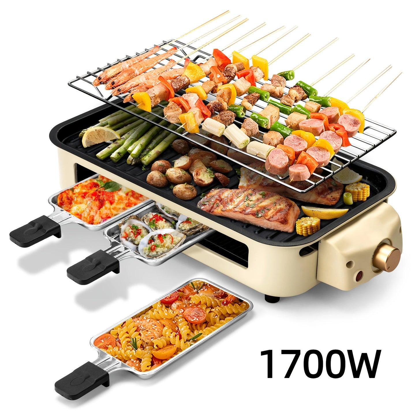 Indoor Electric Smokeless Grill with Raclette – 1700W Non-Stick BBQ Griddle, 3 Raclette Pans, Dishwasher Safe Stainless Steel, Adjustable Temp, Perfect for Home Cooking & Entertaining