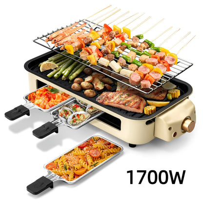 Indoor Electric Smokeless Grill with Raclette – 1700W Non-Stick BBQ Griddle, 3 Raclette Pans, Dishwasher Safe Stainless Steel, Adjustable Temp, Perfect for Home Cooking & Entertaining