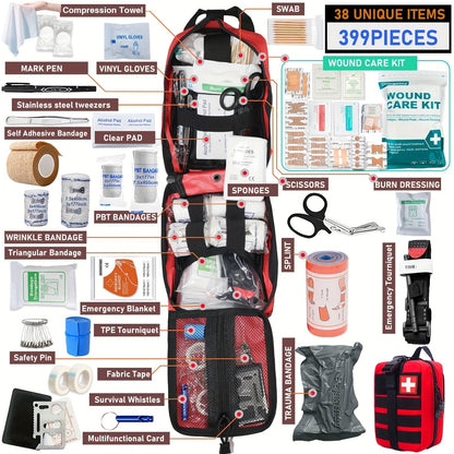 Professional First Aid Kit 399 Piece & 99 Piece Survival Gear Emergency Kit for Hiking Camping Hunting Car Travel – Includes Scissors Tweezers Splints – Gift for Men