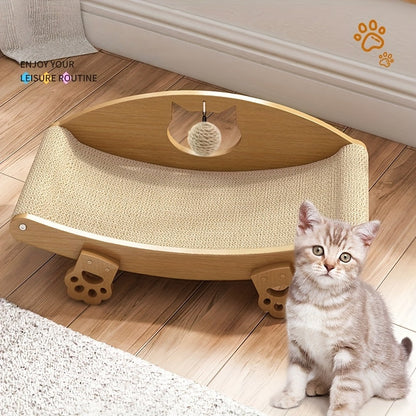 Natural Sisal Cat Scratcher Lounge Chair with Hanging Ball Toy – Solid Wood Curved Cat Bed Scratching Pad, Anti-Scratch Kitty Sofa, Furniture Protector for Indoor Cats