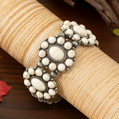 Boho Turquoise Beaded Stretch Bracelet for Women – Vintage Bohemian Elastic Zinc Alloy Wristband, Casual Everyday Jewelry & Perfect Gift for Her