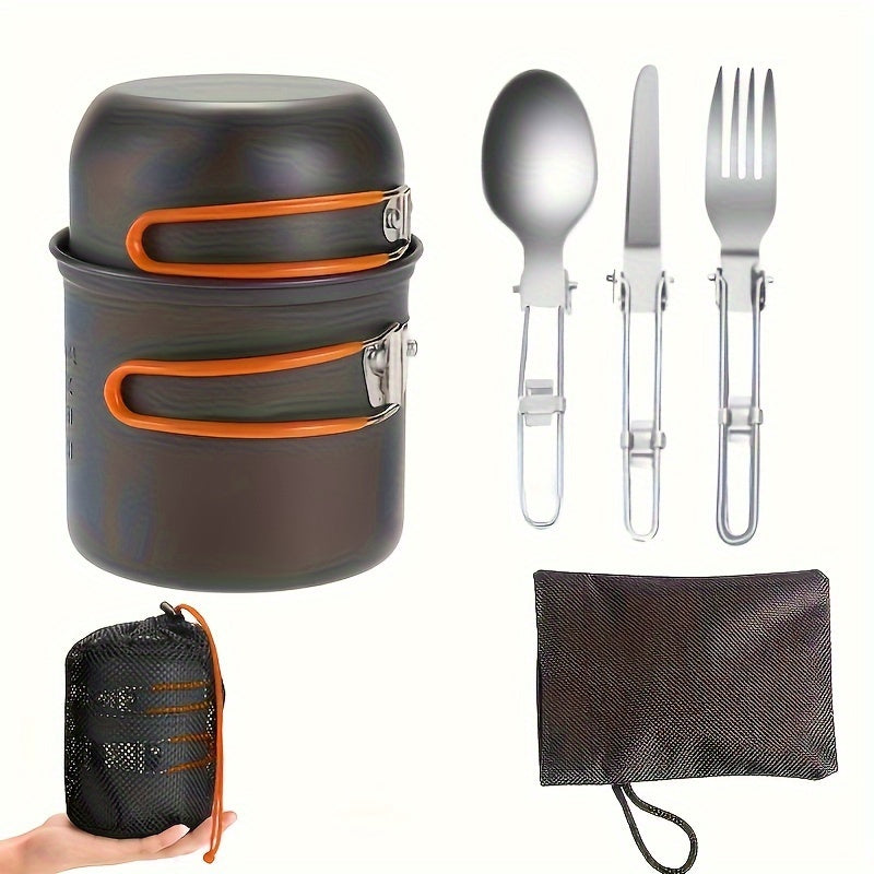 304 Stainless Steel Camping Cookware Set with Foldable Storage – Durable Compact Pot with Knives & Forks Utensils for Outdoor Backpacking Hiking Picnics & Camping, Green & Orange, Lightweight Camp Kitchen Kit