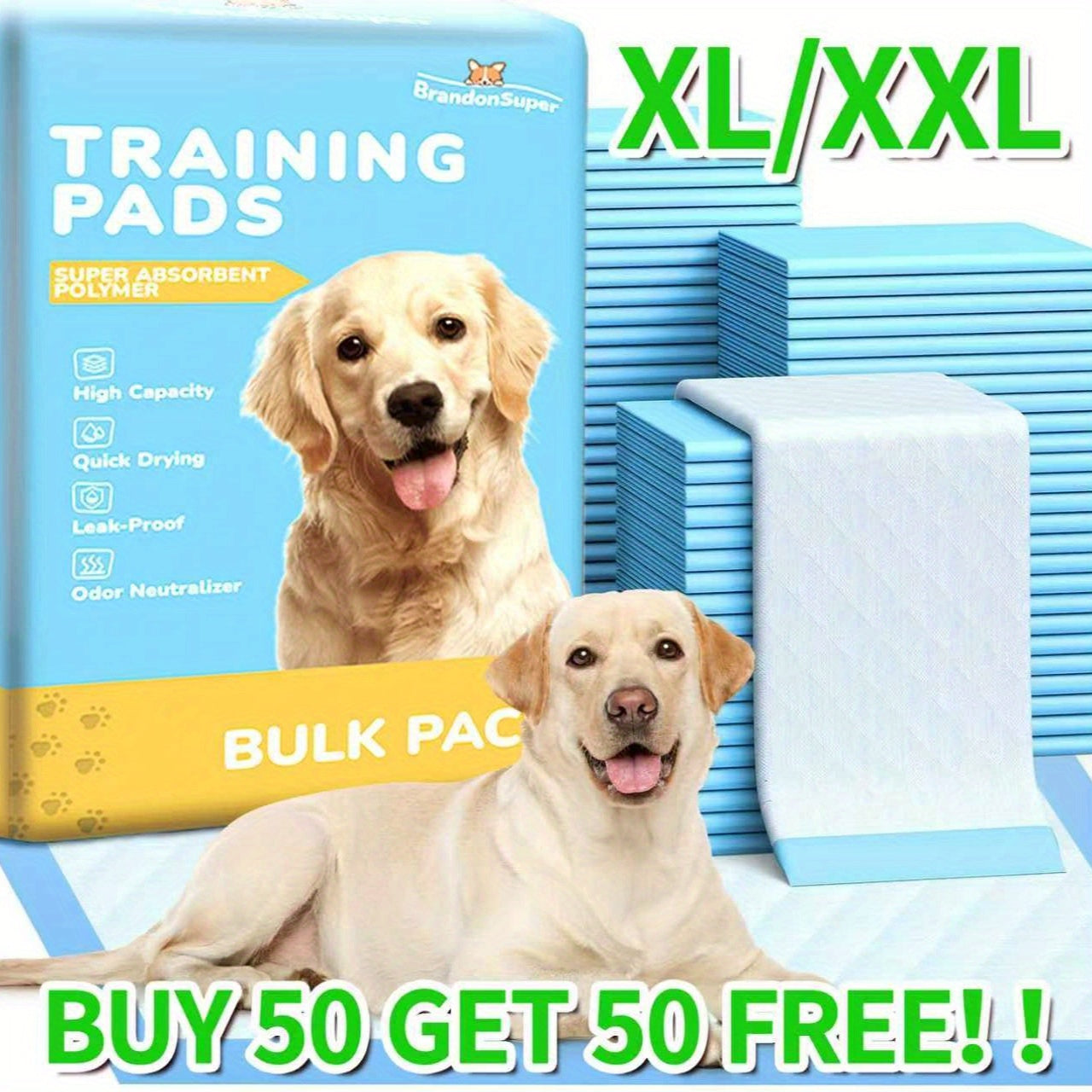 Super Absorbent Dog Pee Pads XL/XXL – Thickened Leak-Proof Training Pads for Medium & Large Dogs, Easy to Clean, Camping & Adult Bed Care, 50+50 Free Value Pack