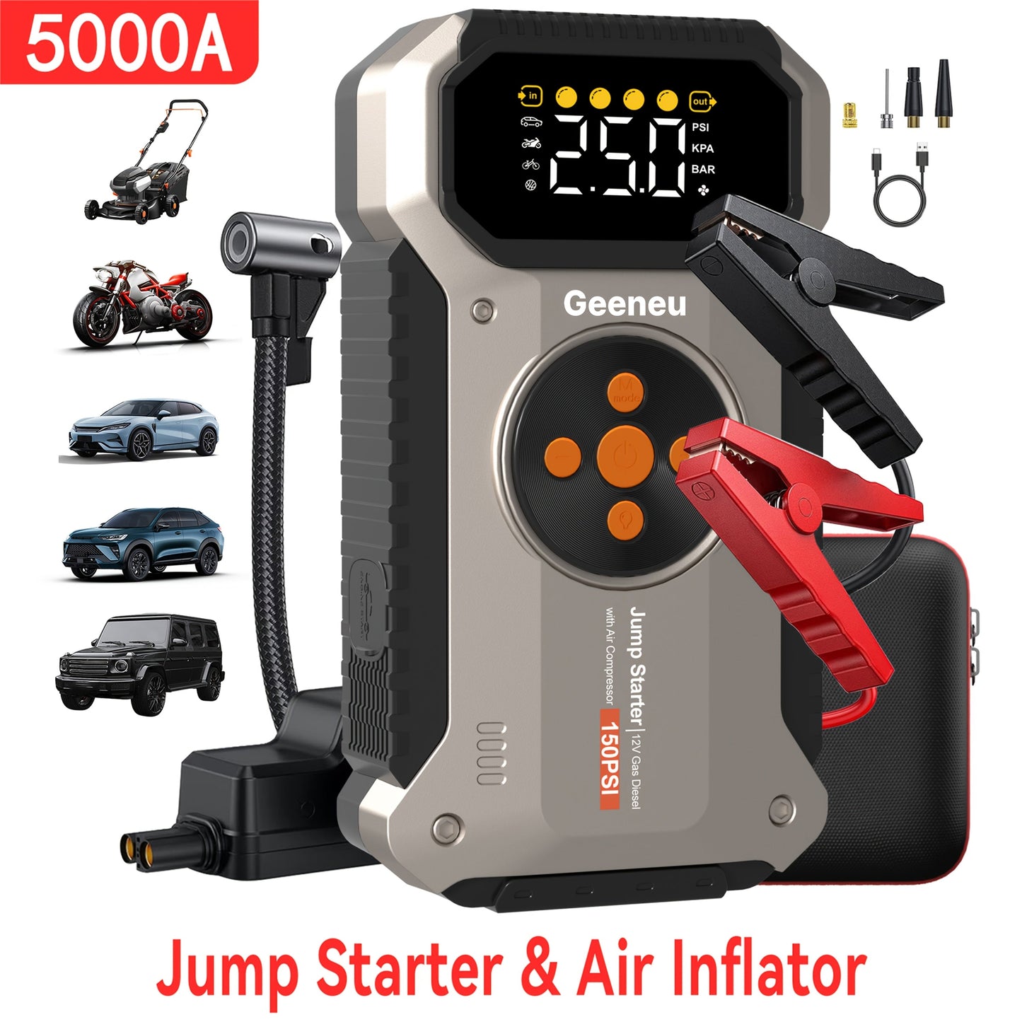 5000A Car Jump Starter with 150PSI Air Compressor – 12000mAh Portable Battery Booster Pack, Digital Tire Inflator, USB-C & USB-A, LED Emergency Light for 12V Gas & Diesel Engines