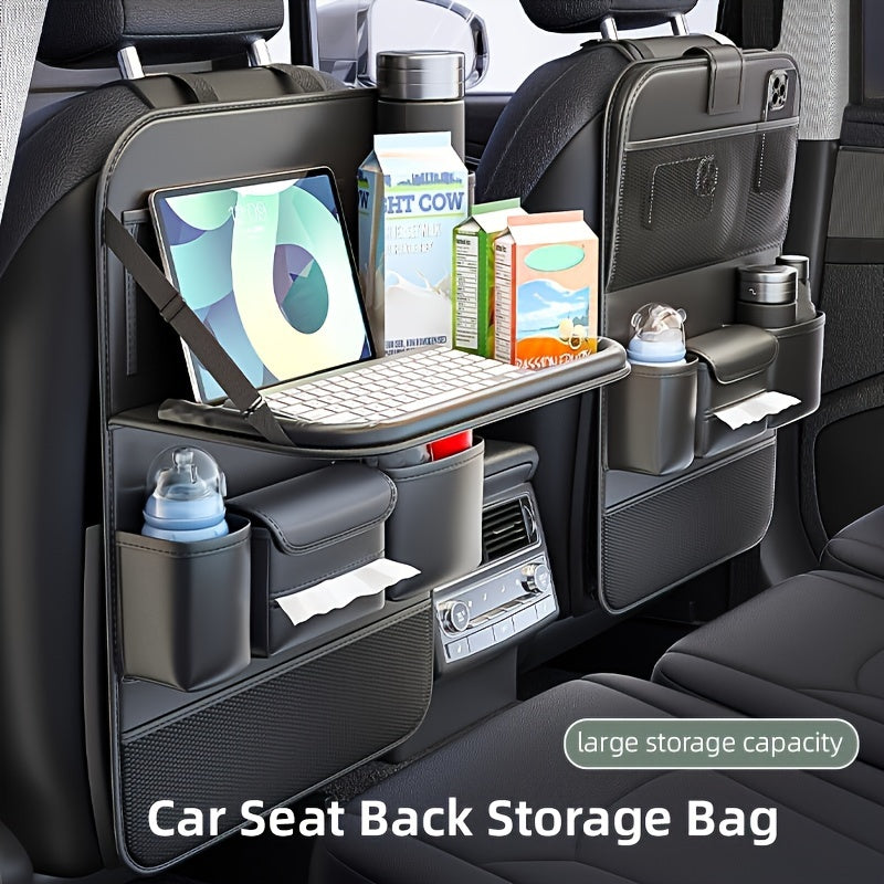 Car Seat Back Organizer PU Leather – Multifunctional Back Seat Storage Bag with Foldable Dining Table, Cup Holder & Travel Pockets, Universal Fit for Cars SUVs Trucks, Road Trip Accessories