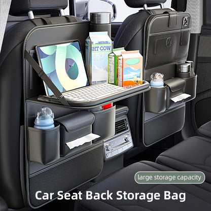 Car Seat Back Organizer PU Leather – Multifunctional Back Seat Storage Bag with Foldable Dining Table, Cup Holder & Travel Pockets, Universal Fit for Cars SUVs Trucks, Road Trip Accessories