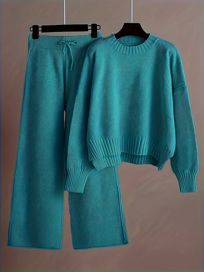 Women's Loose Knit Two-Piece Set – Round Neck Drop Shoulder Sweater & High Waist Wide Leg Drawstring Pants, Retro Casual Cozy Outfit, 10 Colors, Sizes S-XXL