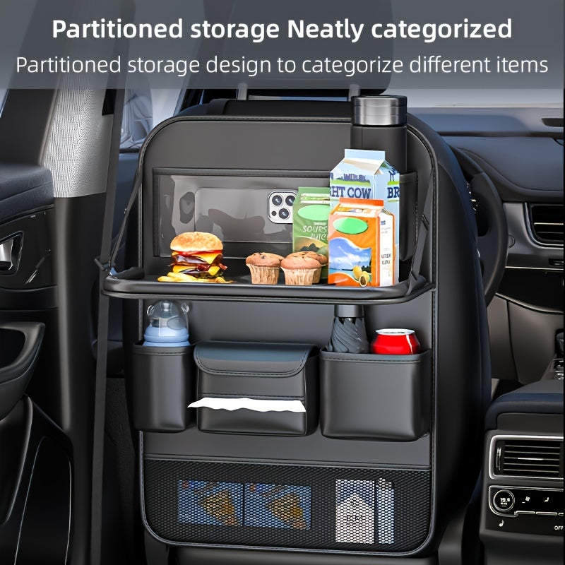 Car Seat Back Organizer PU Leather – Multifunctional Back Seat Storage Bag with Foldable Dining Table, Cup Holder & Travel Pockets, Universal Fit for Cars SUVs Trucks, Road Trip Accessories