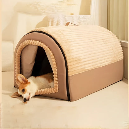 Foldable Dog Bed Cave 2-in-1 All Season – Fully Enclosed Covered Pet House with Handle, Soft Fluffy Non-Slip Washable Nest for Large, Medium & Small Dogs and Cats – Free Drool Bib – Velora
