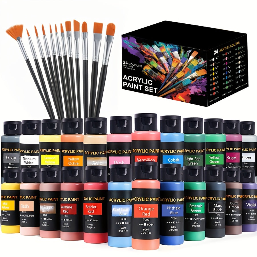 Acrylic Paint Set 24 Colors 2.03oz Each with 12 Art Brushes Premium Painting Supplies for Canvas Ceramic Fabric Wood Rich Long-Lasting Pigments for Beginners Hobbyists & Professional Artists