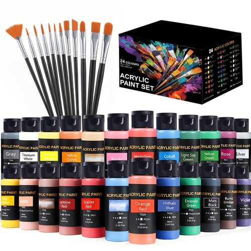 Acrylic Paint Set 24 Colors 2.03oz Each with 12 Art Brushes Premium Painting Supplies for Canvas Ceramic Fabric Wood Rich Long-Lasting Pigments for Beginners Hobbyists & Professional Artists