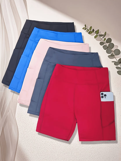 Women's High-Waisted Cycling Shorts 5-Pack with Pockets – Yoga Gym Running Workout Shorts, Stretch Polyester Fabric, Sizes M to XXL, Mixed Colors Set for Active Women