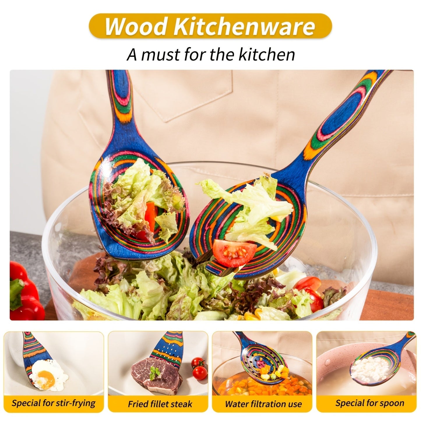 Pakkawood Kitchen Utensils Set 7 PCS Spurtle Spatula Wood Spoon – Heat Resistant Non-Stick Safe Wooden Cooking Tools for Cooking Baking Serving Gift for Women Men