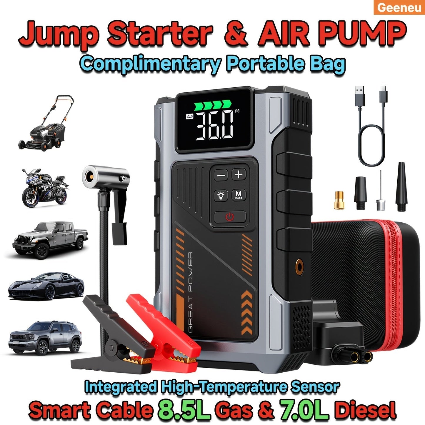 5-in-1 Jump Starter with Air Compressor 5000A Peak – 150 PSI Tire Inflator, 12V Car Battery Jump Pack for Gas & Diesel, Smart Cables & Battery Charger
