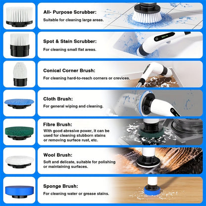 Electric Spin Scrubber Cordless 7-in-1 Cleaning Brush with 7 Replaceable Heads Dual Speed Adjustable Detachable Telescopic Handle for Bathroom Tile Tub Kitchen Car Floor Grout Scrubbing