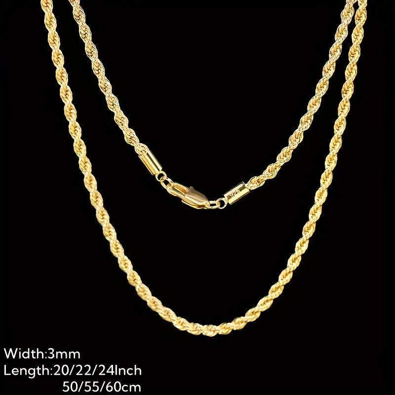 18K Gold Plated Twisted Rope Chain Necklace in 925 Sterling Silver – Hip-Hop & Elegant Unisex Chain, 20"/22"/24", Christmas & Mother's Day Gift Box