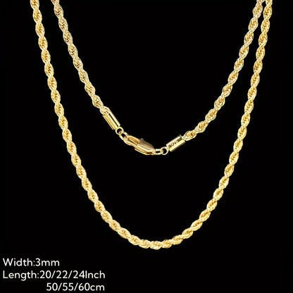 18K Gold Plated Twisted Rope Chain Necklace in 925 Sterling Silver – Hip-Hop & Elegant Unisex Chain, 20"/22"/24", Christmas & Mother's Day Gift Box