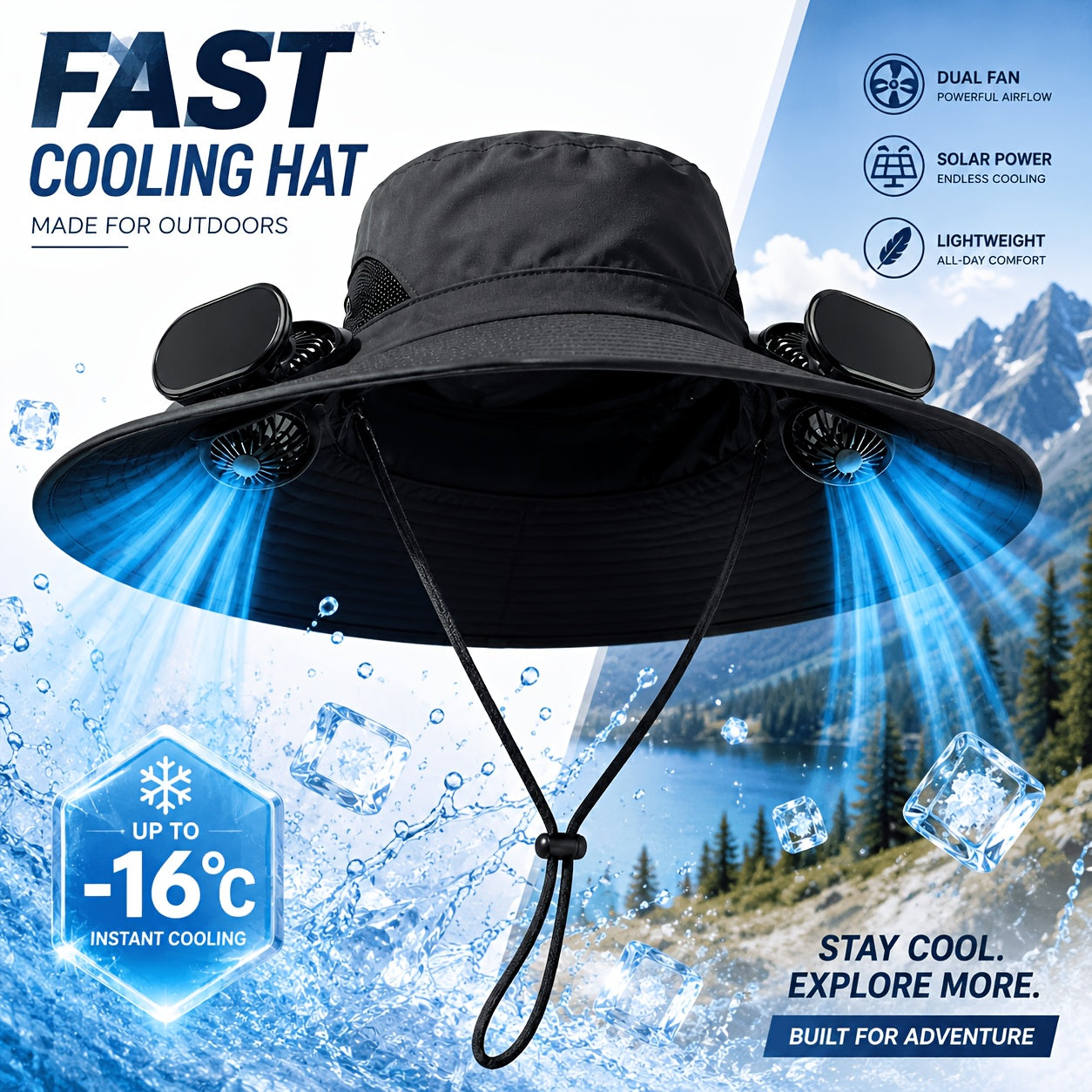 Solar Fan Hat for Men & Women – Wide Brim Sun Hat with Dual Cooling Fans Adjustable Airflow & UV Protection for Summer Travel Gardening Hiking Camping & Yard Work