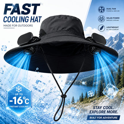 Solar Fan Hat for Men & Women – Wide Brim Sun Hat with Dual Cooling Fans Adjustable Airflow & UV Protection for Summer Travel Gardening Hiking Camping & Yard Work