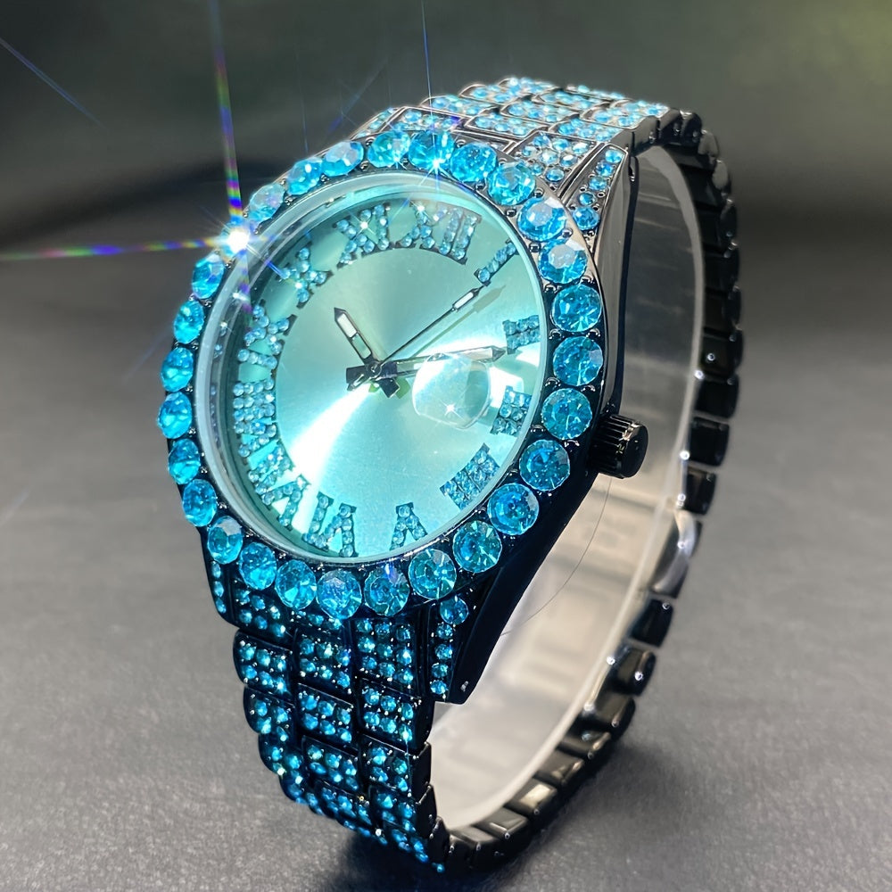 Rhinestone Couples Watch Set Luxury Quartz Movement Calendar Luminous Display for Men Women Red and Ice Blue Rhinestone Party Fashion Gift Watch