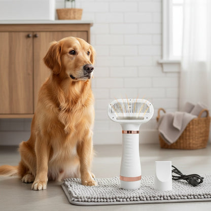 2-in-1 Pet Hair Dryer with Self-Cleaning Slicker Brush – Portable Dog & Cat Grooming Blow Dryer, 3 Temperature Settings, Low Noise, Stainless Steel Bristles, Home & Travel Grooming Tool