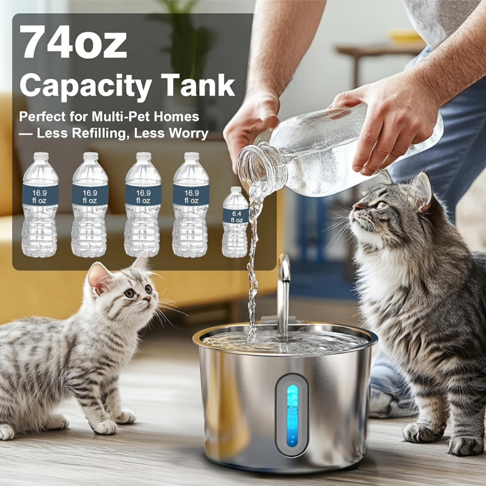 Cat Water Fountain 74oz Stainless Steel - Ultra Quiet USB Pump, Faucet Flow, 3-Stage Filter & Visual Water Level Window, Automatic Pet Water Fountain for Cats & Small Dogs Indoor