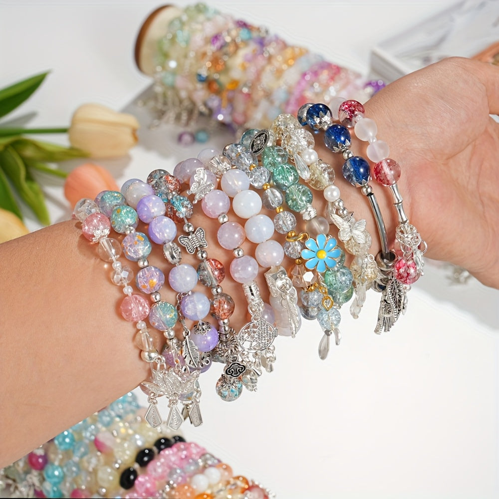 30pcs Glass Bead Bracelets Set for Women Stackable Stretch Bracelets with Butterfly Floral Charms Heart Star Pendants Multicolor - Boho Jewelry Gift Set for Valentine's Day Birthday Anniversary