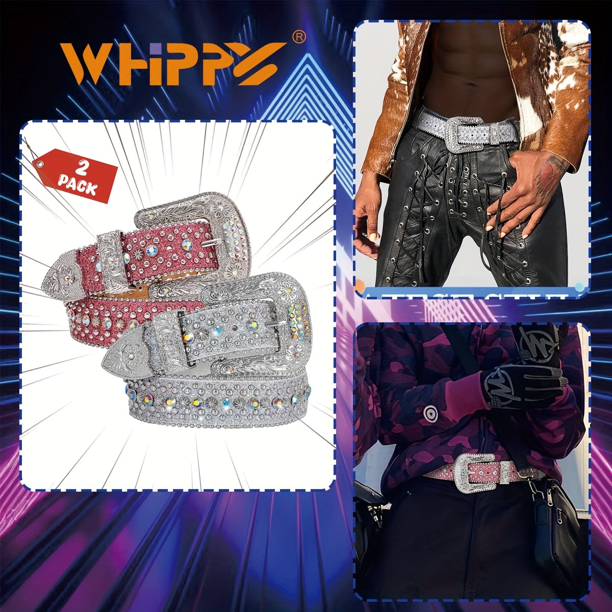 Rhinestone Belt Unisex Western Cowgirl Bling Belt – Sparkling Faux Leather Adjustable Waist Belt with Alloy Buckle for Women Men Sizes S-XL Party Festival Halloween Christmas Gift