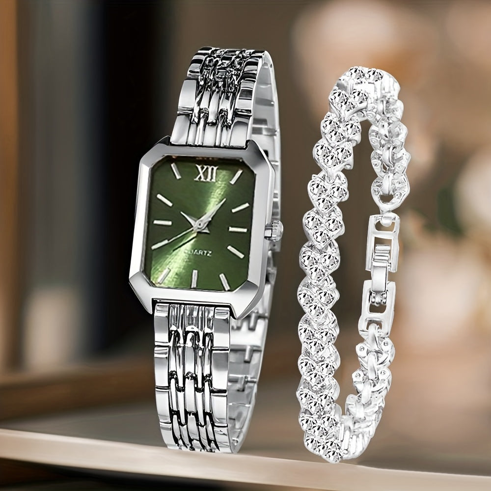 Women's Retro Quartz Watch Set 2pcs – Elegant Heart Chain Stainless Steel Rectangular Dial Analog Wristwatch, Court Style Luxury Timepiece Gift for Wedding, Easter, Birthday & Casual Wear