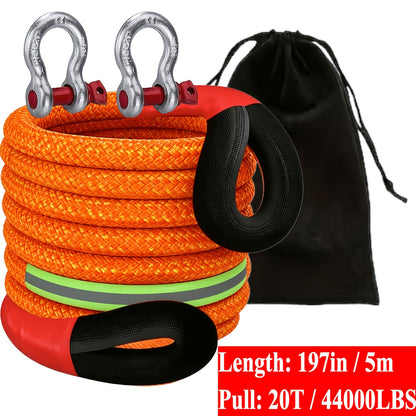 Heavy Duty Tow Rope & Hook Combo Set – 196.85" Nylon Recovery Rope 5/18/20 Ton with 2 Steel U-Hooks & Storage Bag, Off-Road Vehicle Recovery for Truck SUV UTV ATV Jeep, 3 Size Options
