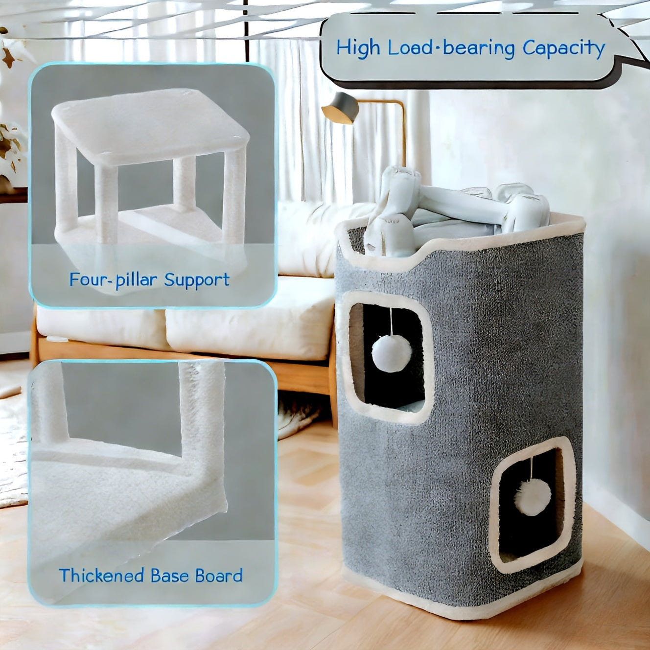 Foldable Multi-Level Cat Tree Tower for Indoor Cats - Scratch-Resistant Cat House with Cozy Top Bed Hideaway and Bell Balls, 1 to 3 Layers Cat Furniture for Climbing Playing and Resting