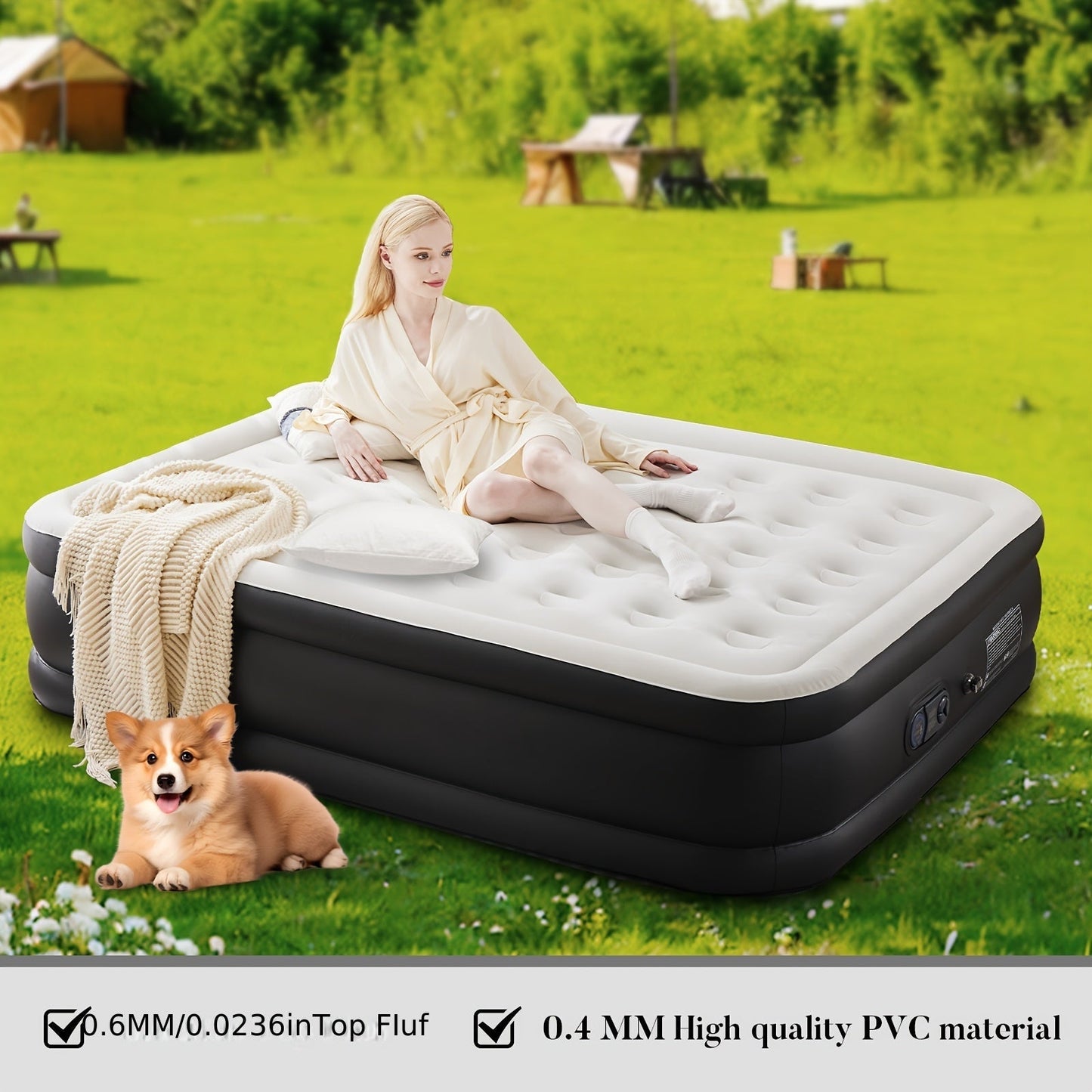 Inflatable Air Mattress 16/18/22 Inch Thick with Built-In High Capacity Pump Non-Slip Bottom Low Noise 660 Lbs Capacity Adjustable Camping Outdoor Yard Guest Bed