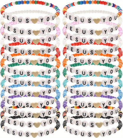 24pc Christian Friendship Bracelet Set – Handmade Clay Bead Jesus Love You Bracelets, Bulk Religious Jewelry for Christmas, Easter, Church Events & Faith-Based Gifts