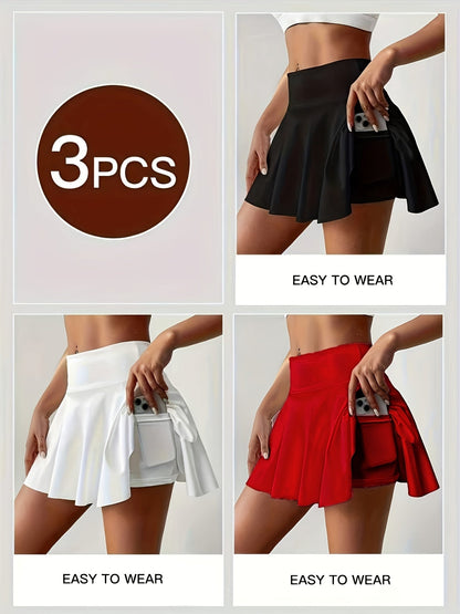 Women's Athletic Pleated Tennis Skort 3-Pack High Waist with Pockets Stretchy Polyester Yoga Skirt Machine Washable Side Tie Detail Comfort Fit for Tennis Yoga Gym Dance Sizes S-XXL