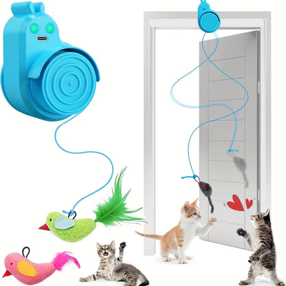Interactive Cat Toy for Indoor Cats – Automatic Electric Flying Bird Feather Stick-On Hanging Self-Play Kitten & Adult Cat Enrichment Toy for Bored Cats, White Blue Grey