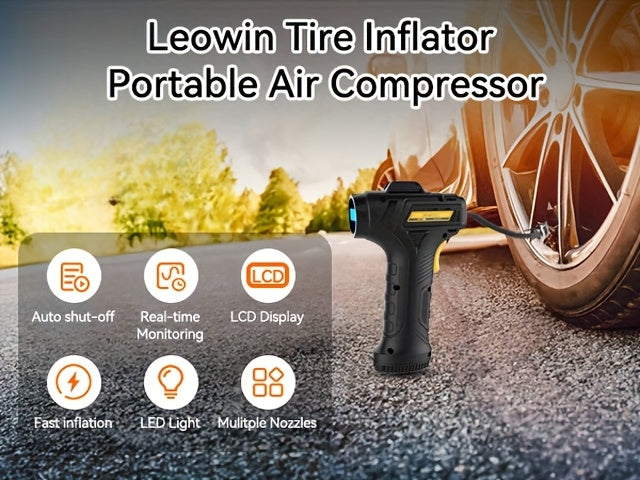 Portable Tire Inflator Air Compressor – 150 PSI Cordless Handheld Air Pump with Auto-Shutoff, Digital Pressure Gauge & LED Light for Cars, Motorcycles, Bikes & Balls, Rechargeable