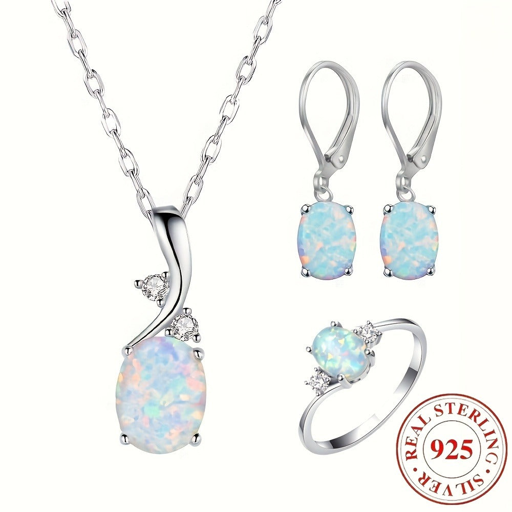 925 Sterling Silver Water Drop Opal Jewelry Set for Women – 4 Piece Necklace Earrings and Ring Set, Elegant Opal Pendant Fashion Jewelry Gift for Party Daily Wear Birthday Anniversary