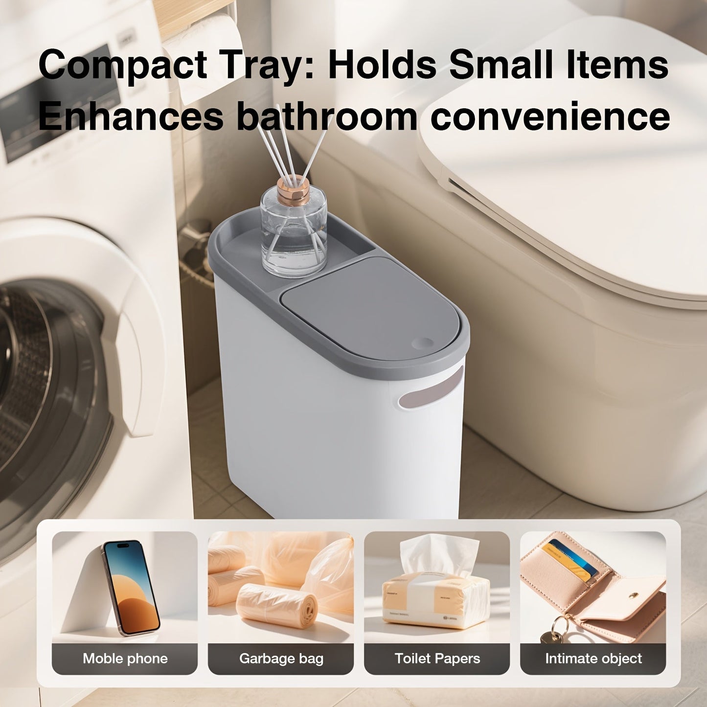 Small Bathroom Trash Can with Built-In Handles 2/1 Pack – Rustproof Plastic Wastebasket, Space-Saving Design for Bathroom, Laundry Room & Home Office, Includes Trash Bags