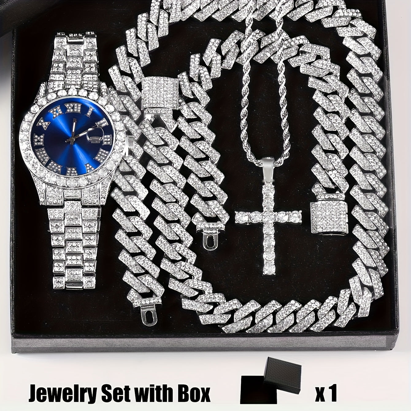 4pcs Rhinestone Watch & Cross Pendant Jewelry Set Quartz Analog Wrist Watch Necklace Bracelet Earrings Unisex Gift for Him Her Wedding