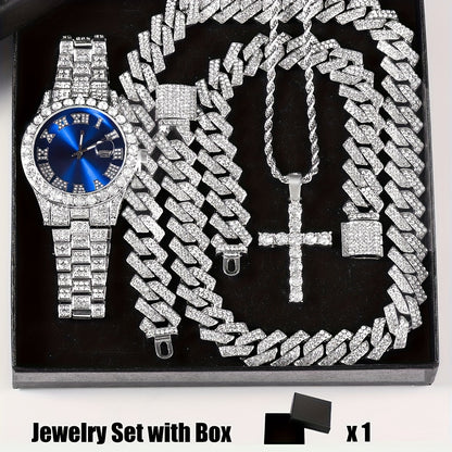4pcs Rhinestone Watch & Cross Pendant Jewelry Set Quartz Analog Wrist Watch Necklace Bracelet Earrings Unisex Gift for Him Her Wedding
