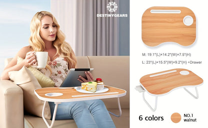 Lap Desk for Laptop with USB Port Storage Drawer & Cup Holder – Walnut Wood Bed Tray Table for Eating Writing Sofa Couch Adults Students