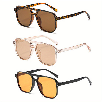 3pcs Rectangular Leopard Print Sunglasses for Women – Dual Bridge Reflective Mirror Lens PC Frame Fashion Eyewear Set for Daily Wear Summer Festival Birthday Mother's Day Gift