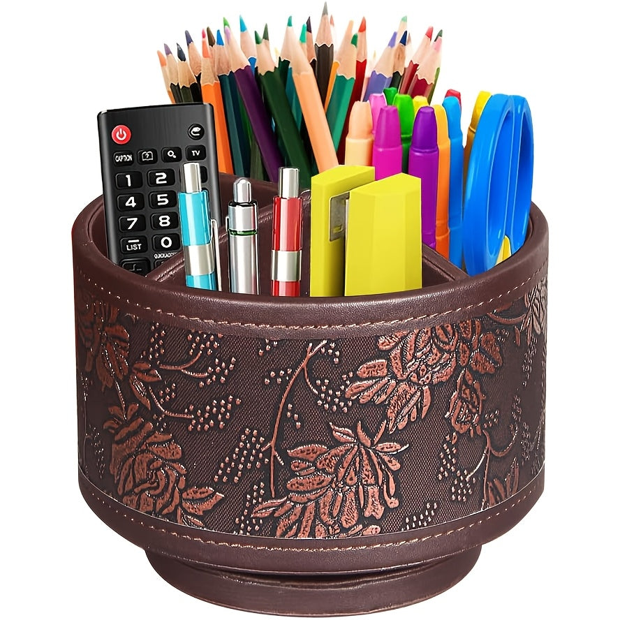 360° Swivel Pen Holder with 4 Compartments – PU Leather Rotating Desk Organizer for Office Supplies, Art Supplies, Remote Controls, Glasses & Accessories, Stylish Pencil Case Storage Box