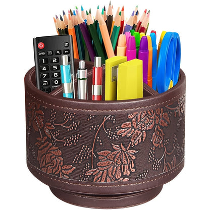 360° Swivel Pen Holder with 4 Compartments – PU Leather Rotating Desk Organizer for Office Supplies, Art Supplies, Remote Controls, Glasses & Accessories, Stylish Pencil Case Storage Box