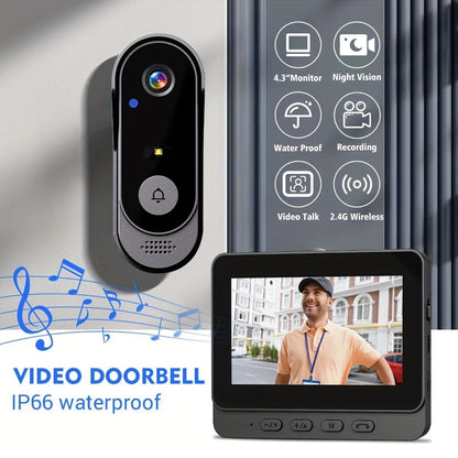 Wireless Video Doorbell Camera with Monitor, No Subscription HD Smart Doorbell with Night Vision, Two-Way Talk, 4.3-Inch Screen & 128GB Storage for Home Security