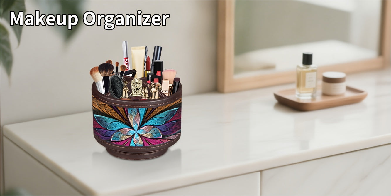 360° Swivel Pen Holder with 4 Compartments – PU Leather Rotating Desk Organizer for Office Supplies, Art Supplies, Remote Controls, Glasses & Accessories, Stylish Pencil Case Storage Box