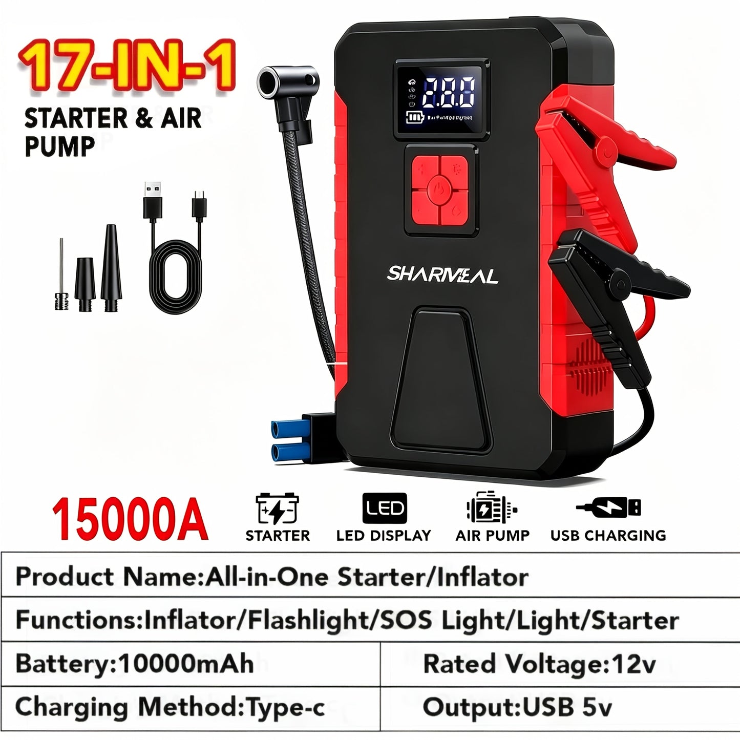 Portable Jump Starter 15000A-19000A Peak | 17-in-1 with 350PSI Air Compressor, 12V Car Battery Charger, LED Light, Digital Display – Emergency Kit for Cars, Trucks & SUVs